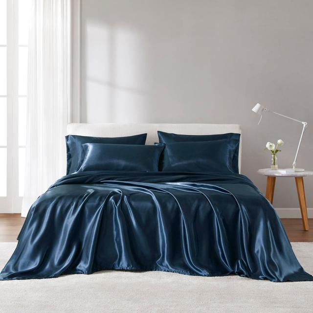 MPE20-1139 90 x 102 x 0.13 in. Satin Luxury Sheet Set, Midnight Blue - Queen Size