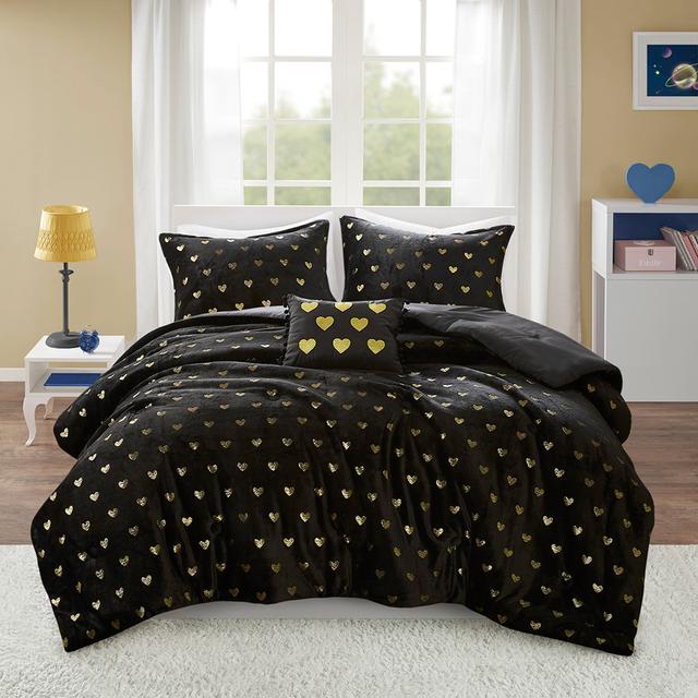 MZ10-0652 66 x 90 x 1 in. Rosalie Metallic Printed Plush Comforter Set with Throw Pillow, Black & Gold - Twin & Twin Extra Large