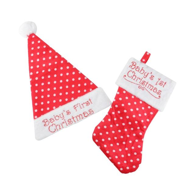 32635908 12 in. Red Super Soft Polka Dot Babys 1st Christmas Santa Hat & Stocking Set