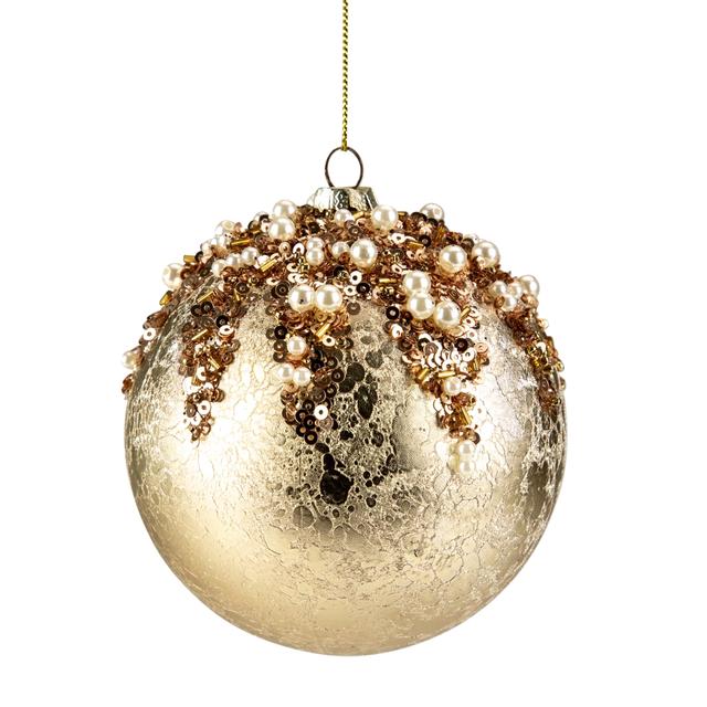 34861504 4 in. Mercury Glass Style Shatterproof Christmas Ball Ornament with Beads, Gold