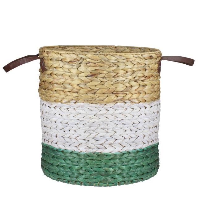 32840695 16 in. Braided Wicker Basket with Handle, Beige, White & Teal