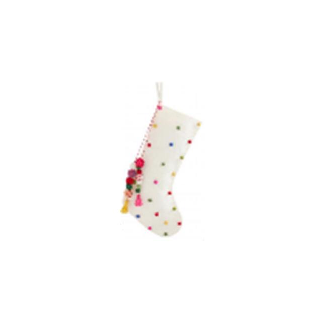 35706223 20 in. White Christmas Stocking with Multicolor Pom-Poms & Tassels