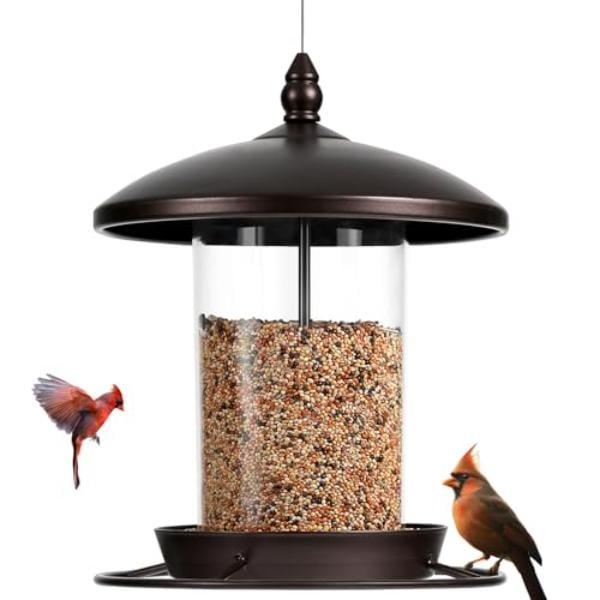 NT85515 Metal Bird Feeder for Outdoors, 3.0 lbs Seed Capacity, Weatherproof Roof, Brown