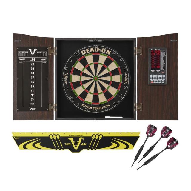 40-1220 Vault Deluxe Dartboard Cabinet with Built-In Pro Score, Dead-On Dartboard, Walnut