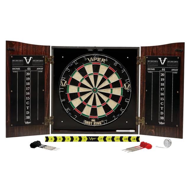 40-1216 Vault Sisal Bristle Steel Tip Dartboard & Cabinet Bundle, Elite Set, Shot King Dartboard Darts Shadow Buster & Throw Line Light