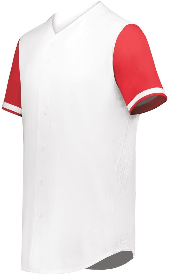 6909.235.2XL Cutter Plus Full Button Baseball Jersey, White & Scarlet - 2XL