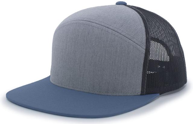 P787.82S.OS 6-Panel Arch Trucker Snapback Cap, Heather Grey & Loden - One Size