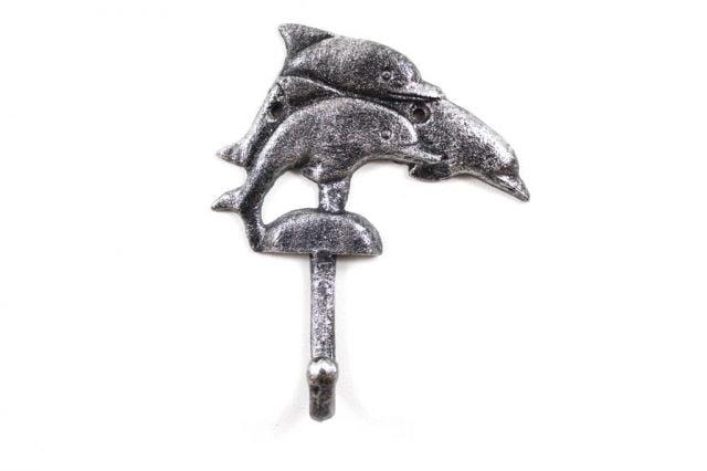 K-9058-Silver Cast Iron Dolphins Wall Hook, Rustic Silver Cast - 6 in.