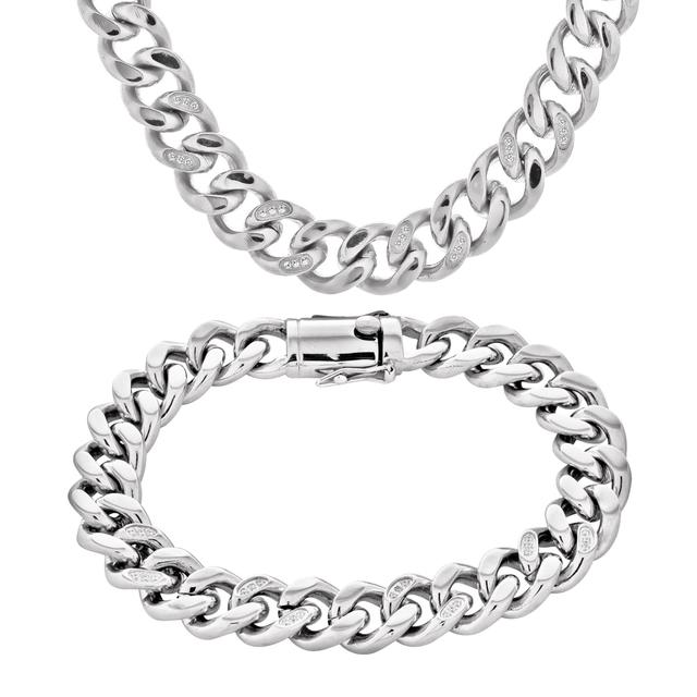 2SET5663-ST Stainless Steel 11mm Curb Chain Cubic Zirconia Section Necklace and Bracelet Set