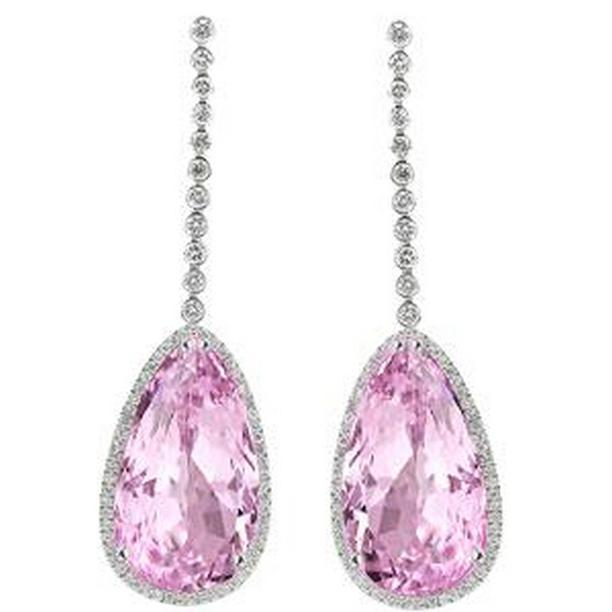 16.60 CT Kunzite with Diamonds Dangle Earrings&#44; 14K White Gold