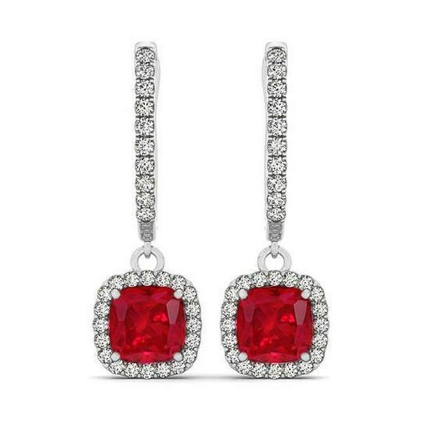 14K White Gold 6.60 CT Ruby & Diamonds Dangle Earrings
