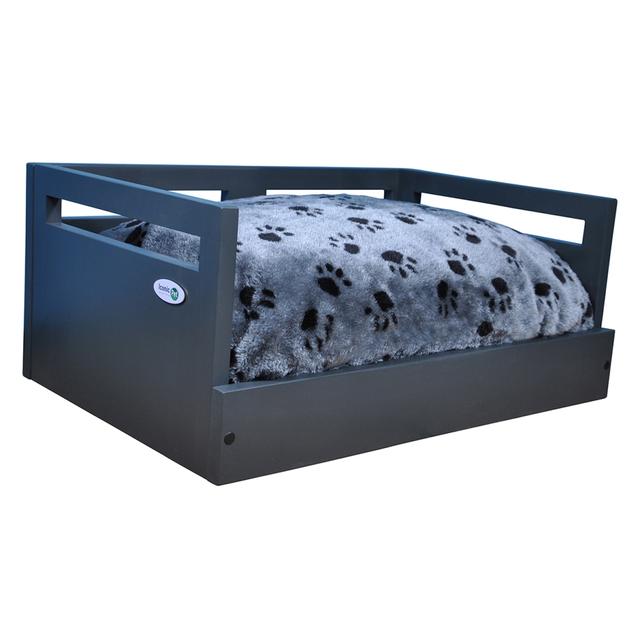 Sassy Paws Wooden Pet Bed with Paw Printed Comfy Cushion&#44; Charcoal Gray - Small