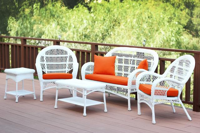5 Piece Santa Maria White Wicker Conversation Set&#44; Brick Orange Cushion
