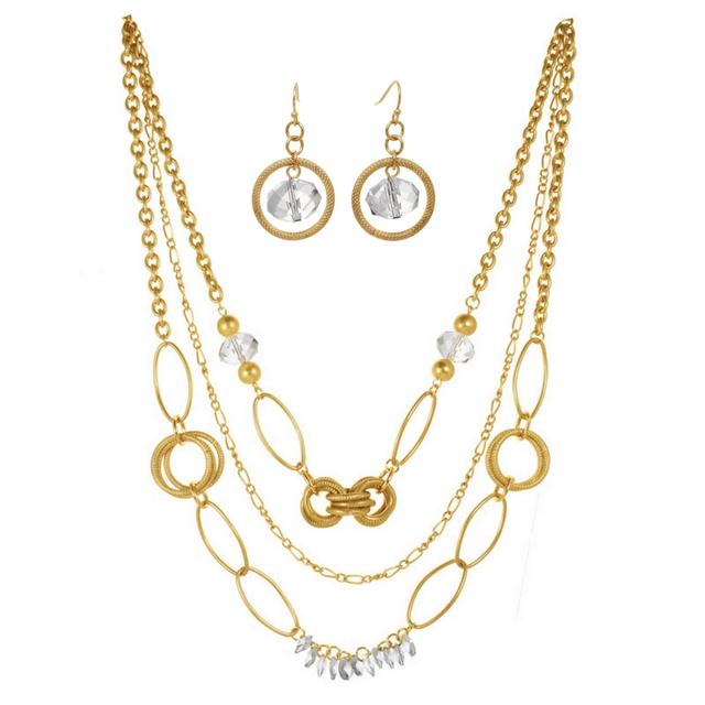 JHN9085  Crystal and Goldtone Hoop Three-strand Necklace and Earrings Jewelry Set
