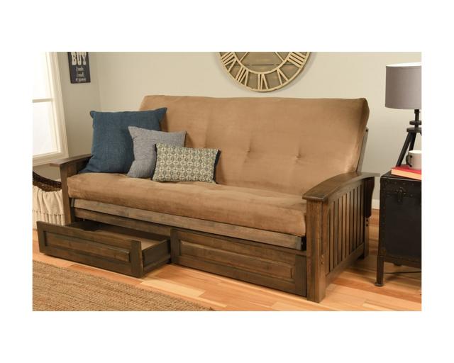 Washington Rustic Walnut Futon Frame with Suede Peat Mattress & Storage Drawers - Full Size