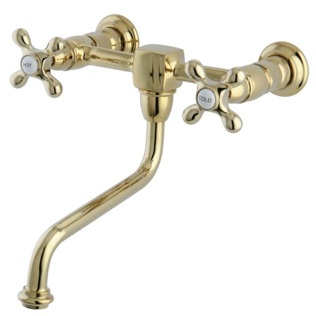 Heritage Wall-Mount Vessel Sink Faucet with Metal Cross Handle - Polished Brass