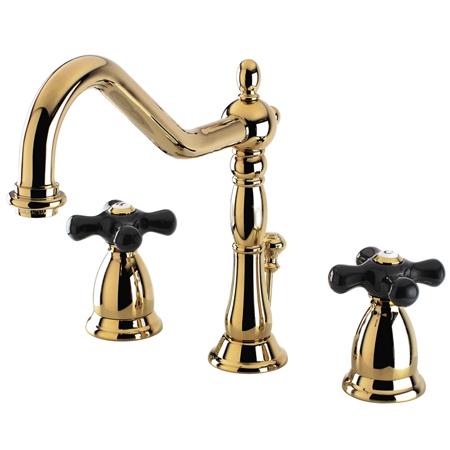 Heritage Onyx Widespread Lavatory Faucet with Black Porcelain Cross Handle - Polished Brass
