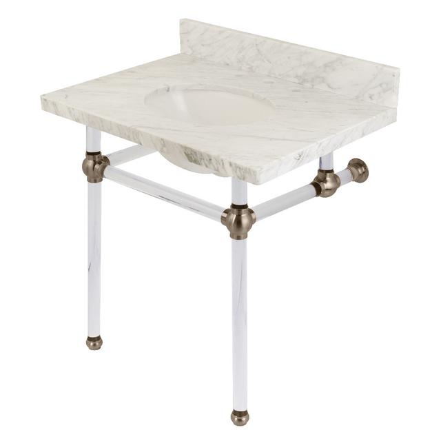 Transitional Carrara Marble Bathroom Console Vanity with Acrylic Pedestal - Carrara Marble & Brushed Nickel