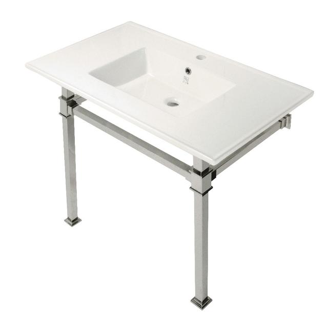 37 in. Monarch Console Sink with Stainless Steel Legs - Single Faucet Hole, White & Polished Nickel