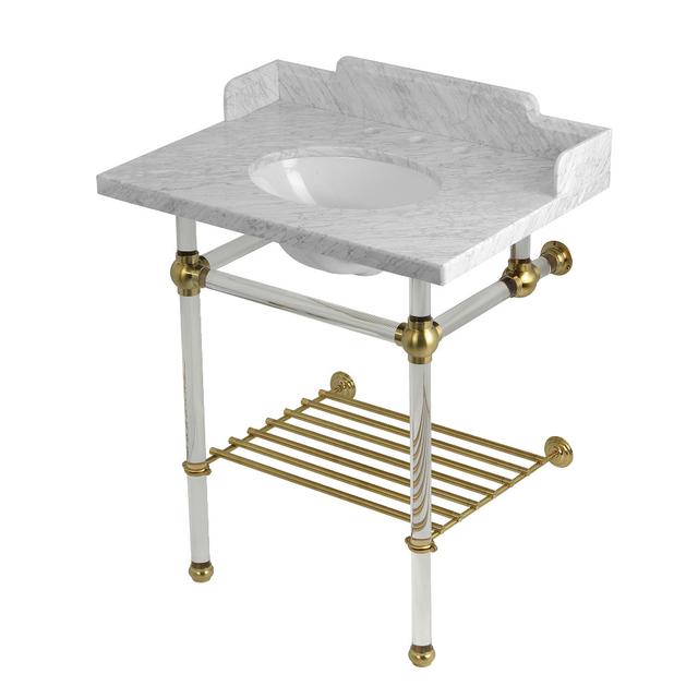 LMS30MAB7 Pemberton 30 in. Carrara Marble Console Sink with Acrylic Legs & Shelf, Carrara Marble White & Brushed Brass