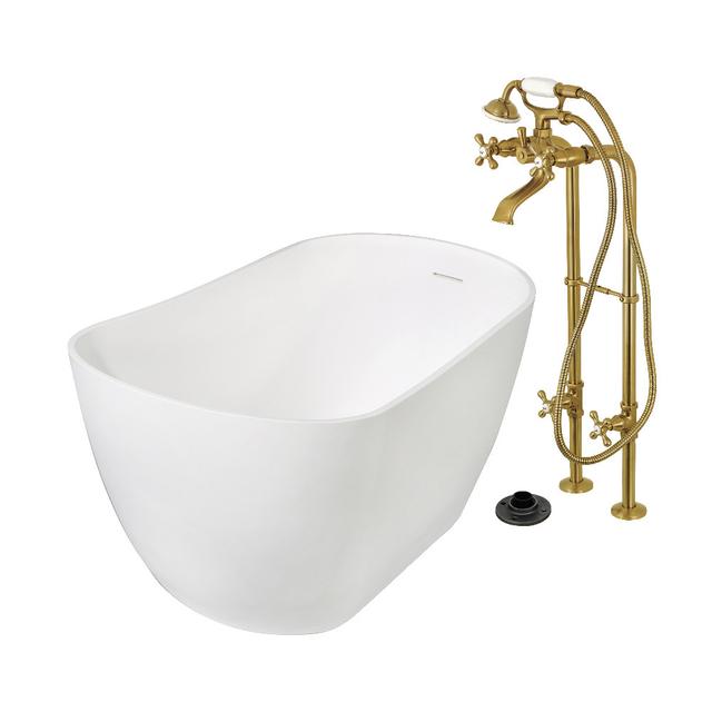 KRTSS5130266K7 51.53 x 28.37 x 24.81 in. Solid Surface Oval Single Slipper Freestanding Tub with Faucet Combo & Drain - Brushed Brass