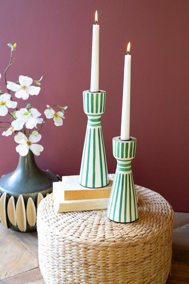 NNF1043 Hand Painted Wooden Taper Candle Holders&#44; Green - Large - Set of 2