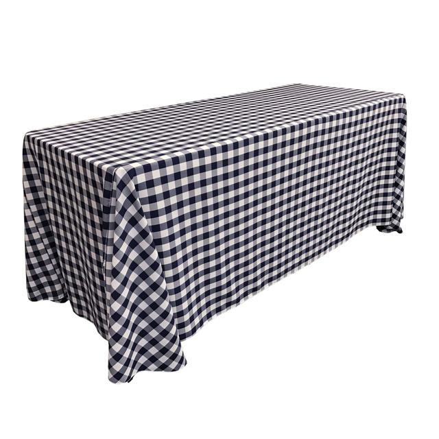TCcheck90x156-NavyK72 Polyester Gingham Checkered Rectangular Tablecloth - White & Navy - 90 x 156 in.