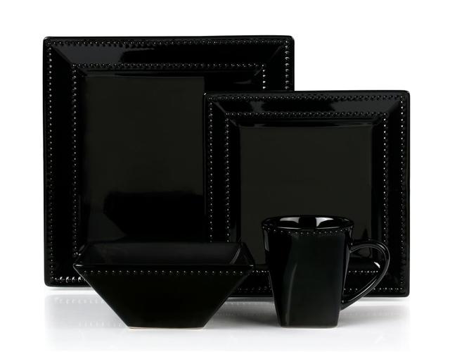 16 Piece Square Beaded Stoneware Dinnerware Set, Black
