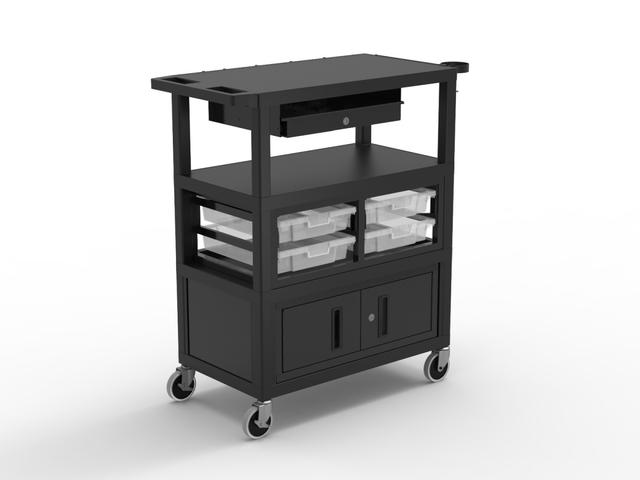 32 x 18 in. Deluxe Teacher Cart with Locking Cabinet&#44; Storage Bins&#44; Keyboard Tray&#44; Pocket Chart Hooks & Cup Holder - Black