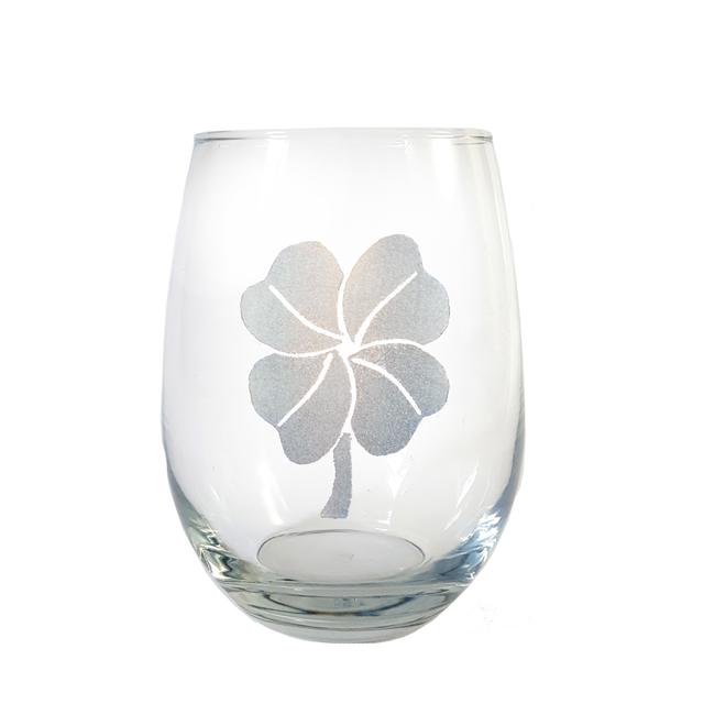 18 oz Four Leaf Clover Engraved Stemless Wine Glass