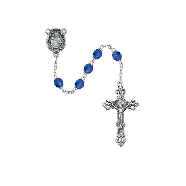 6 mm Glass September Cross & Rosary Set with Silver Oxidized Center - Dark Blue