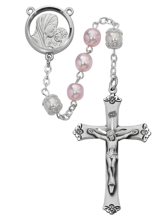 7 mm Mother & Child Cross Rosary Set - Pink & White