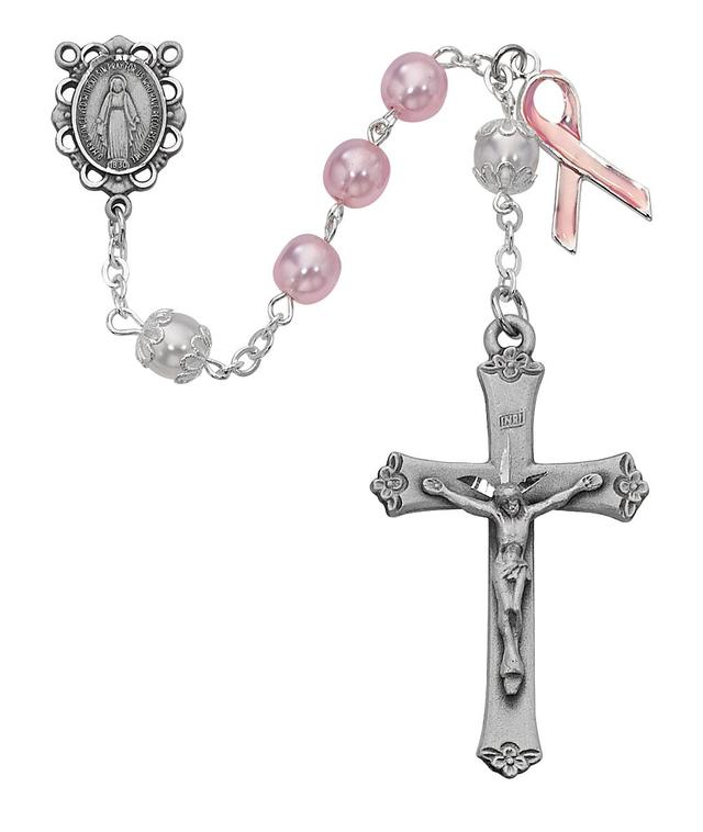 7 mm Pearl Like Cancer Cross Rosary Set - Pink & White