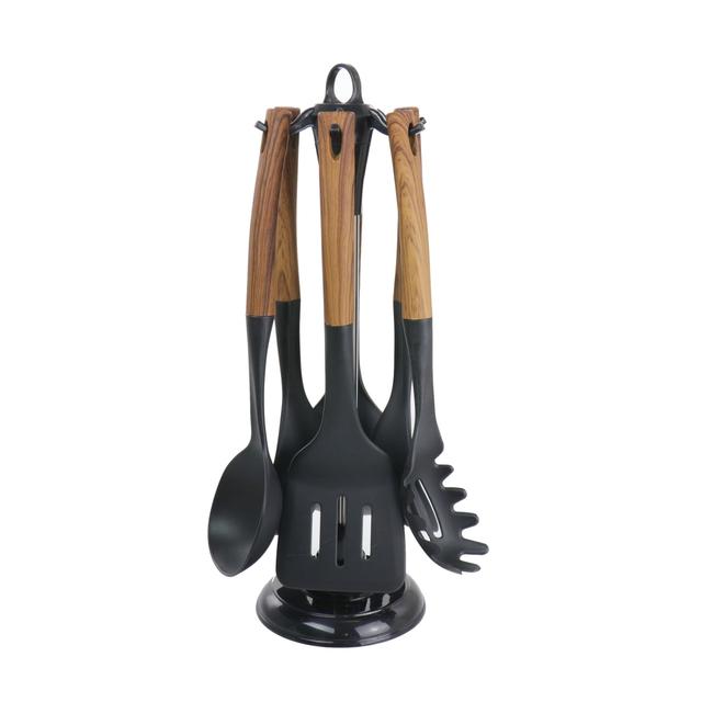 Black Nylon Cooking Utensils with Wood Design - Set of 7