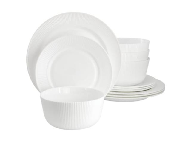 142769.12 Ultra by Gibson Swanton Stripe Break-Resistant Opal Glass Dinnerware Set, White - 12 Piece