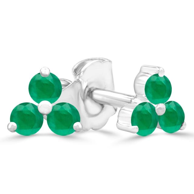 0.2 CTW Round Green Emerald Three-Stone Stud Earrings in 14K White Gold