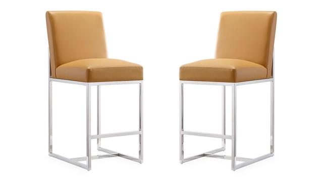 Element Camel & Polished Chrome Stainless Steel Counter Height Bar Stool&#44; 37.2 x 16.34 x 21.3 in. - Set of 2