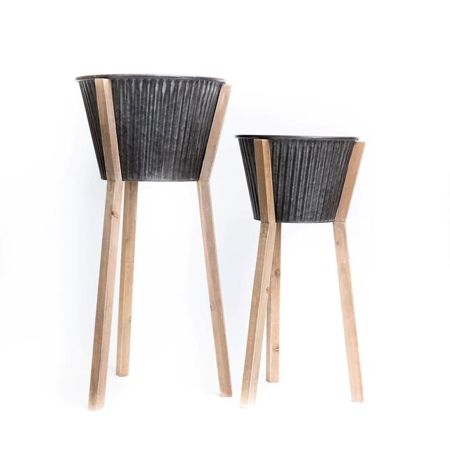Metal Pots on Wood Plant Stand&#44; Set of 2