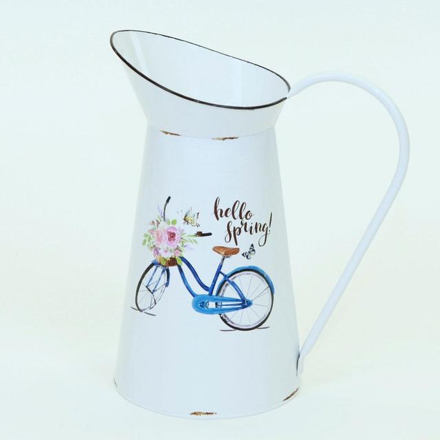 AI-GA93-428-Q02 Hello Spring White & Blue Bike with Flowers on a Metal Pitcher - Set of 2