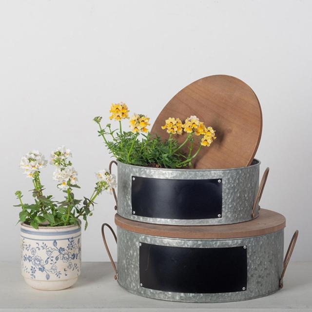 FP-EST-003 Set Of 2 Zinc Containers With Wooden Lids Bucket