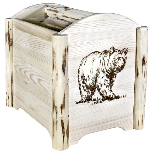 Montana Collection Magazine Rack with Laser Engraved Bear Design&#44; Clear Lacquer Finish