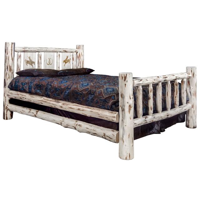 Montana Queen Bed with Laser Engraved Bronc Design&#44; Clear Lacquer