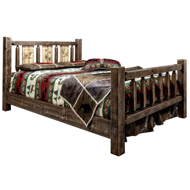 Homestead Collection King Size Bed with Laser Engraved Bear Design&#44; Stain & Clear Lacquer Finish
