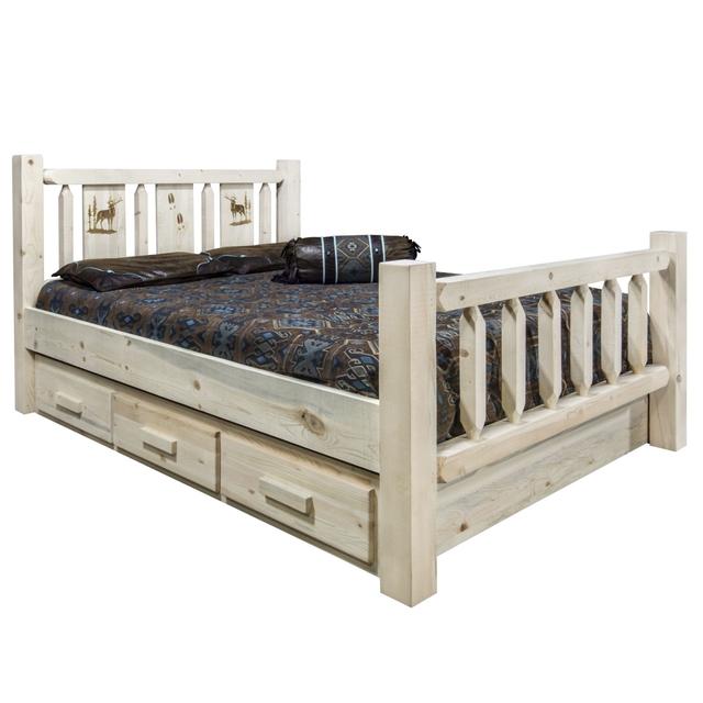Homestead Collection King Size Storage Bed with Laser Engraved Elk Design&#44; Clear Lacquer Finish