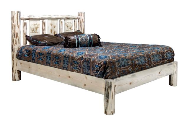 Montana Twin Platform Bed with Laser Engraved Bear Design&#44; Clear Lacquer