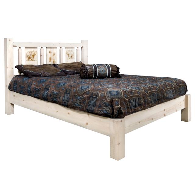Homestead Collection Queen Size Size Platform Bed with Laser Engraved Bear Design&#44; Clear Lacquer Finish