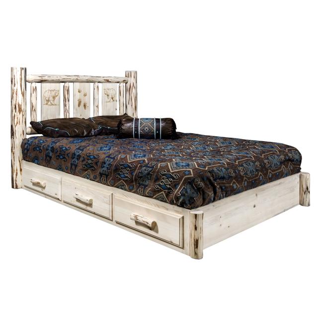 Montana Platform Bed with Storage&#44; Queen with Laser Engraved Bear Design&#44; Clear Lacquer