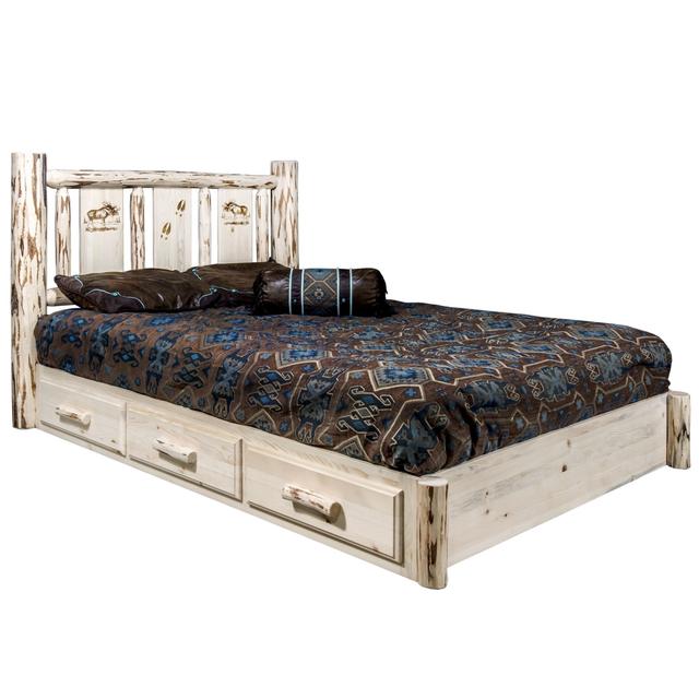 Montana Platform Bed with Storage&#44; King with Laser Engraved Moose Design
