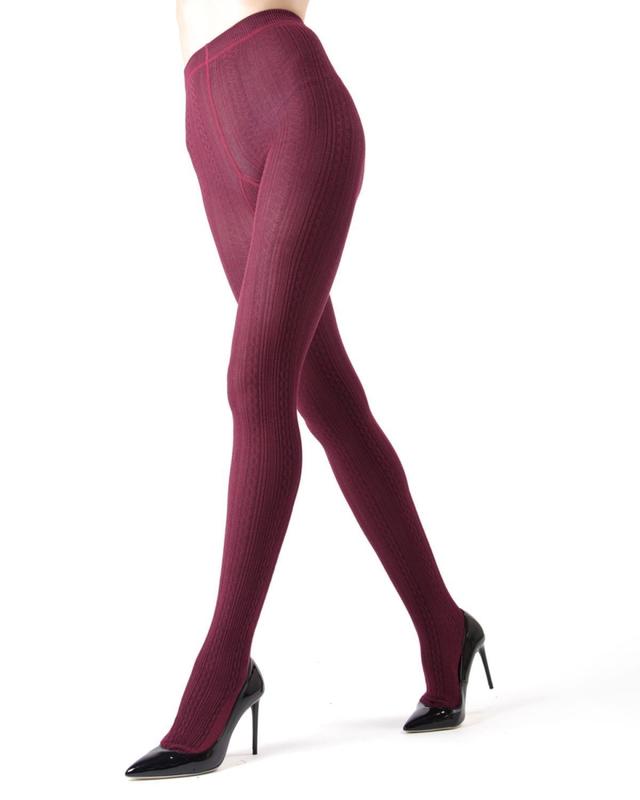 MO-361-60121-S-M Textured Cable Sweater Tights for Womens, Burgundy Heather - Small-Medium