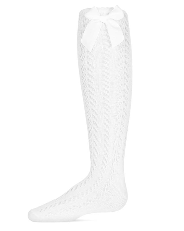 MK-5079-10103-8 Girls Crochet Bow Cotton Blend Knee High Socks, White - Size 8